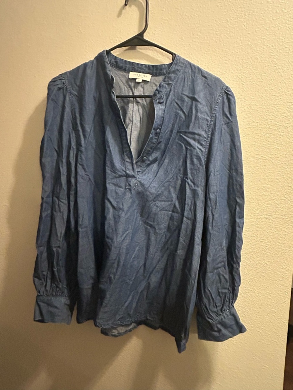 Caslon Blue Denim-Look Popover Blouse Selected Femme Womens Size 38